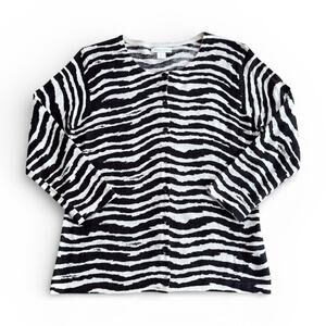 NWOT Garnet Hill Merino Wool Cardigan Black Cream Zebra Print Size Small